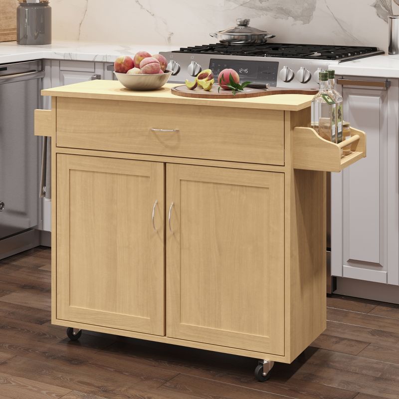 Oak Rolling Kitchen Cart with Spice Rack and Storage