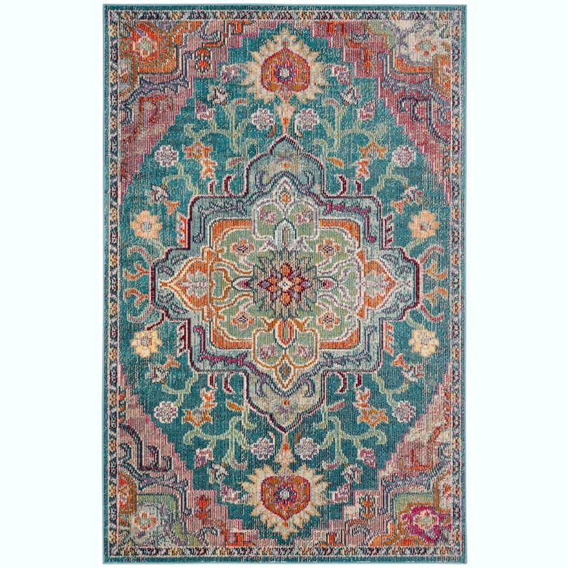 Teal Rose Floral Elegance Round Rug - Synthetic, Stain-Resistant