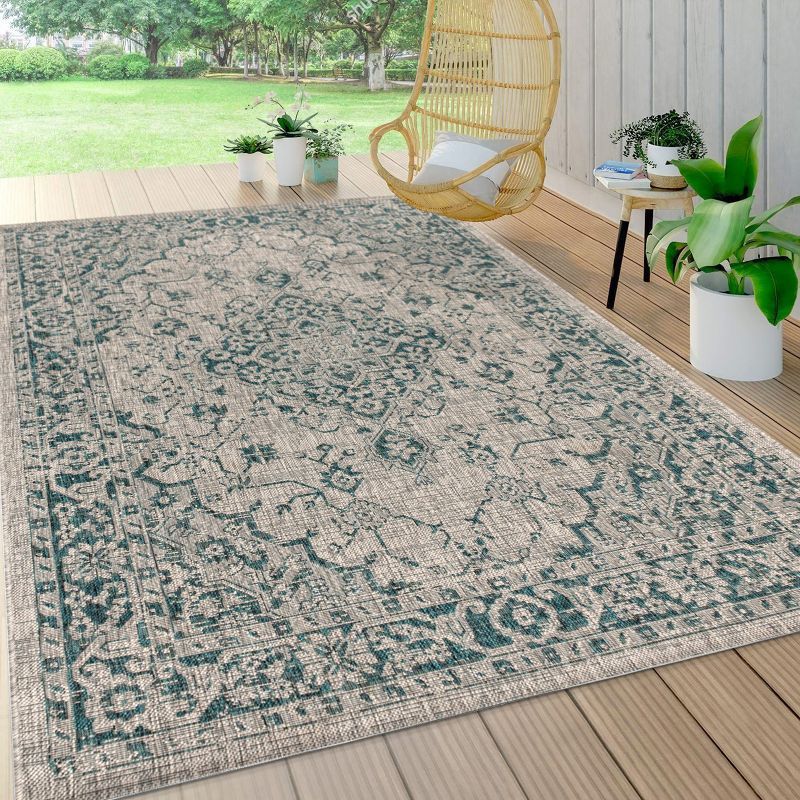 Rozetta Gray and Teal Medallion Synthetic Area Rug