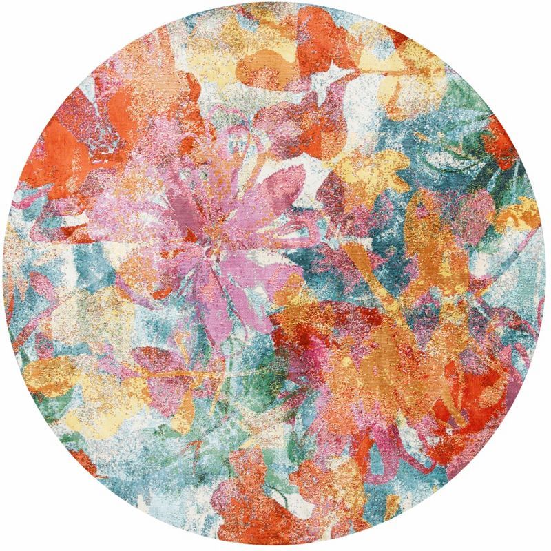 Lillian Blue Floral Round Synthetic Area Rug