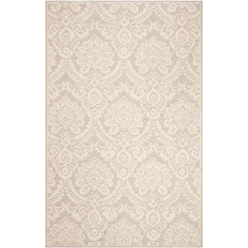 Silver and Ivory Floral Hand-Tufted Wool Area Rug 5' x 8'