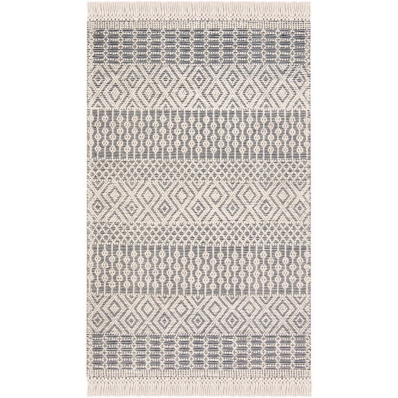Ivory and Navy Wool Flat Woven Rectangular Rug