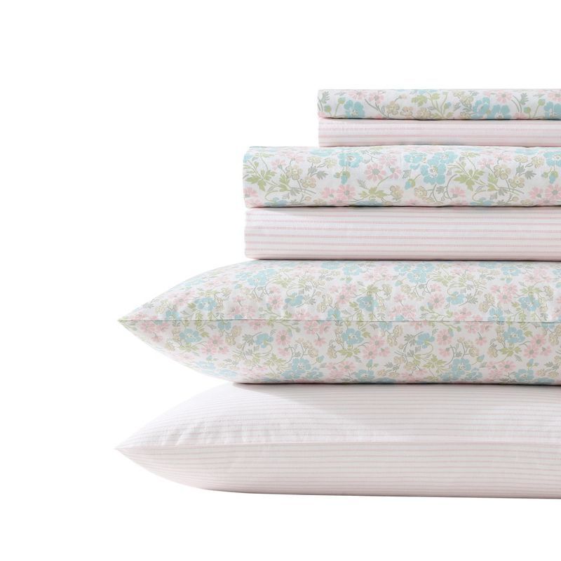 Jaynie Pink and Blue Floral Cotton Queen Sheet Set