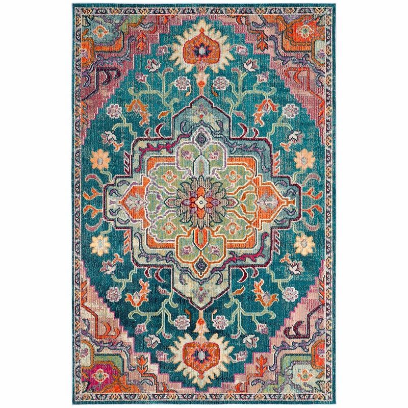Teal Rose Floral Elegance Round Rug - Synthetic, Stain-Resistant