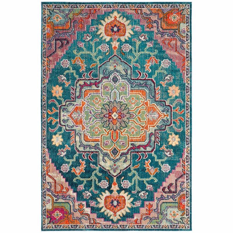 Teal and Rose Floral Motif Synthetic Area Rug, 5' x 8'