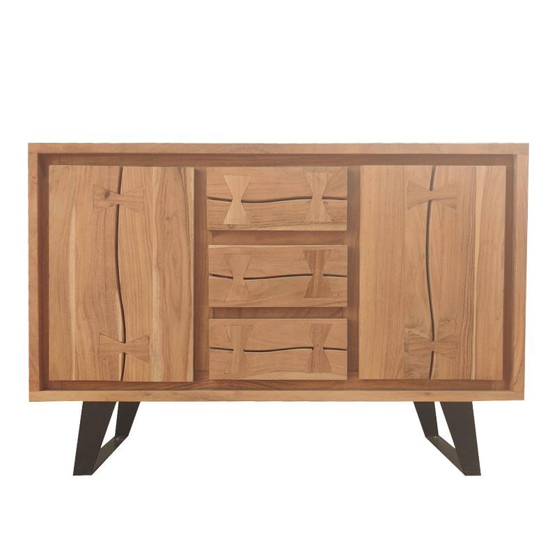 Acacia Wood Sideboard with Black Iron Base and Hinged Doors