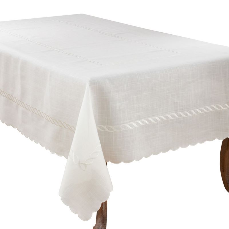 White Embroidered Braid Design Linen-Blend Tablecloth