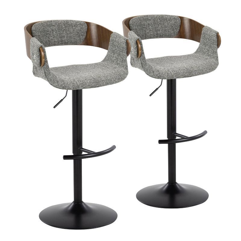 Set of 2 Adjustable Gray Fabric and Walnut Barstools