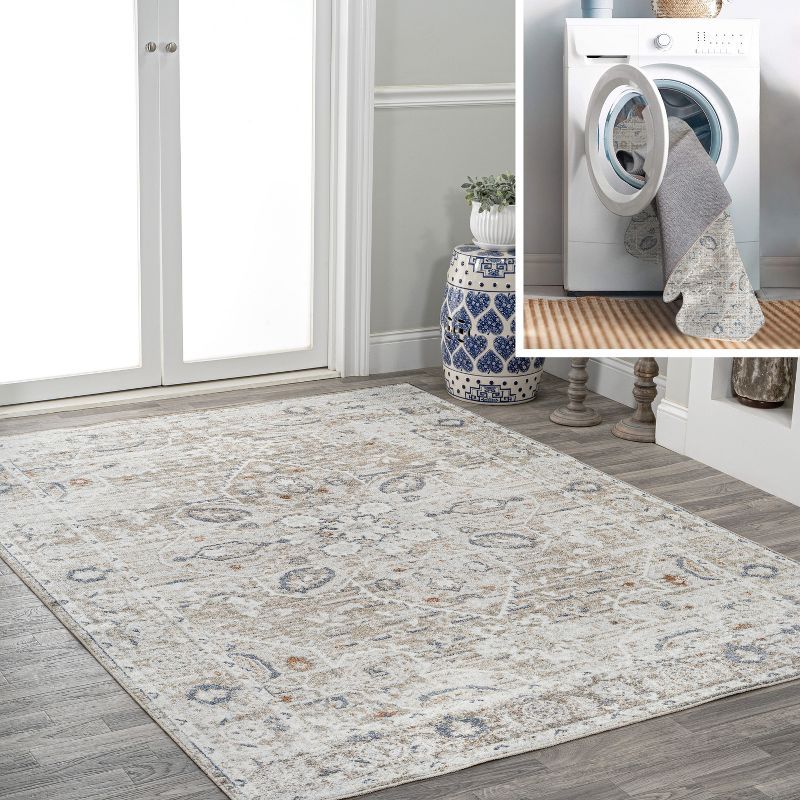 Light Gray and Brown Medallion Washable Synthetic Area Rug 4' x 6'