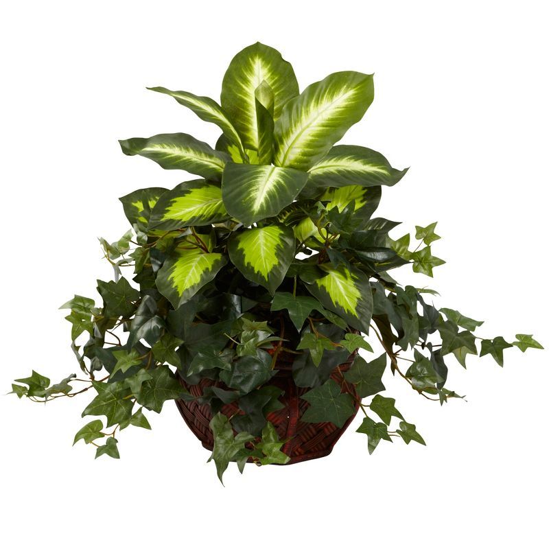 Green Plastic Dieffenbachia and Ivy Arrangement in Decorative Planter