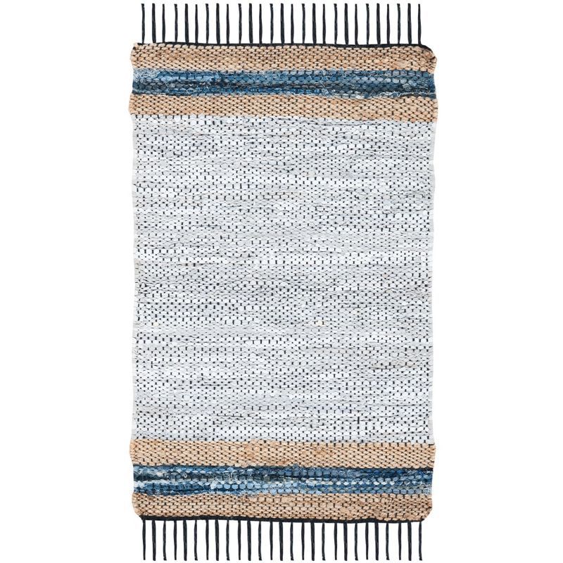 Gray and Natural Handmade Leather Flat Woven Rug