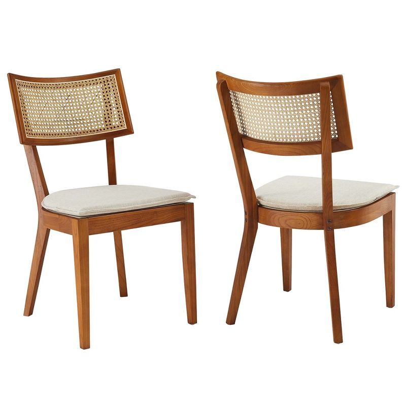 Elm Wood Dining Side Chairs with Beige Upholstered Seats, Set of 2