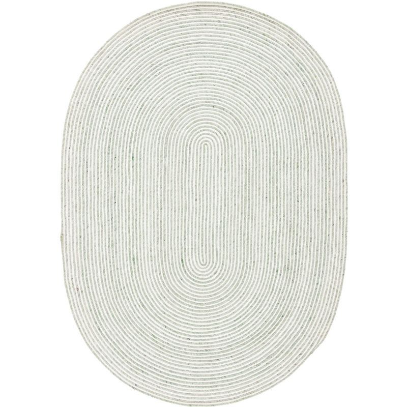 Ivory and Green Oval Braided Wool 4' x 6' Area Rug