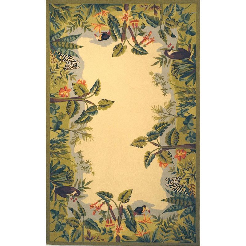 Beige and Green Hand-Hooked Wool Floral Runner