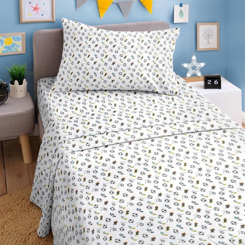 Kids Twin Black and White Soccer Print Microfiber Sheet Set
