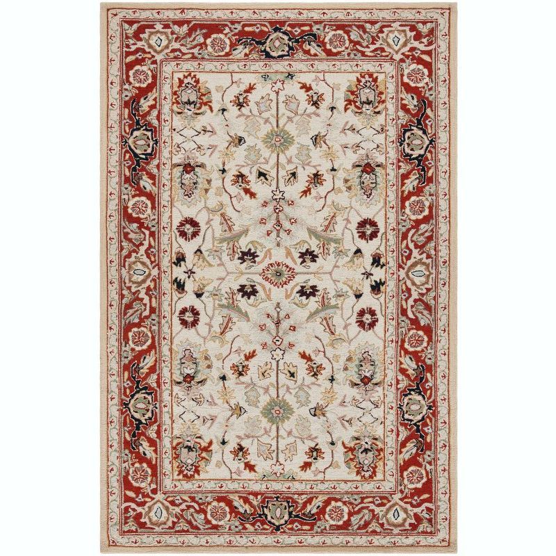 Ivory and Red Hand-Hooked Wool Rectangular Runner