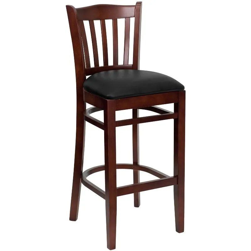 Elegant Mahogany Wood Barstool with Black Vinyl Seat