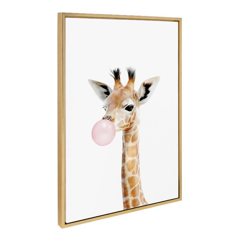 Bubble Gum Giraffe Framed Canvas Wall Art in Light Brown Frame