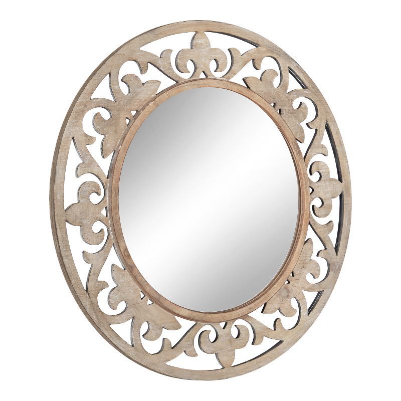 Shovali 32" Natural Wood Carved Round Vanity Mirror