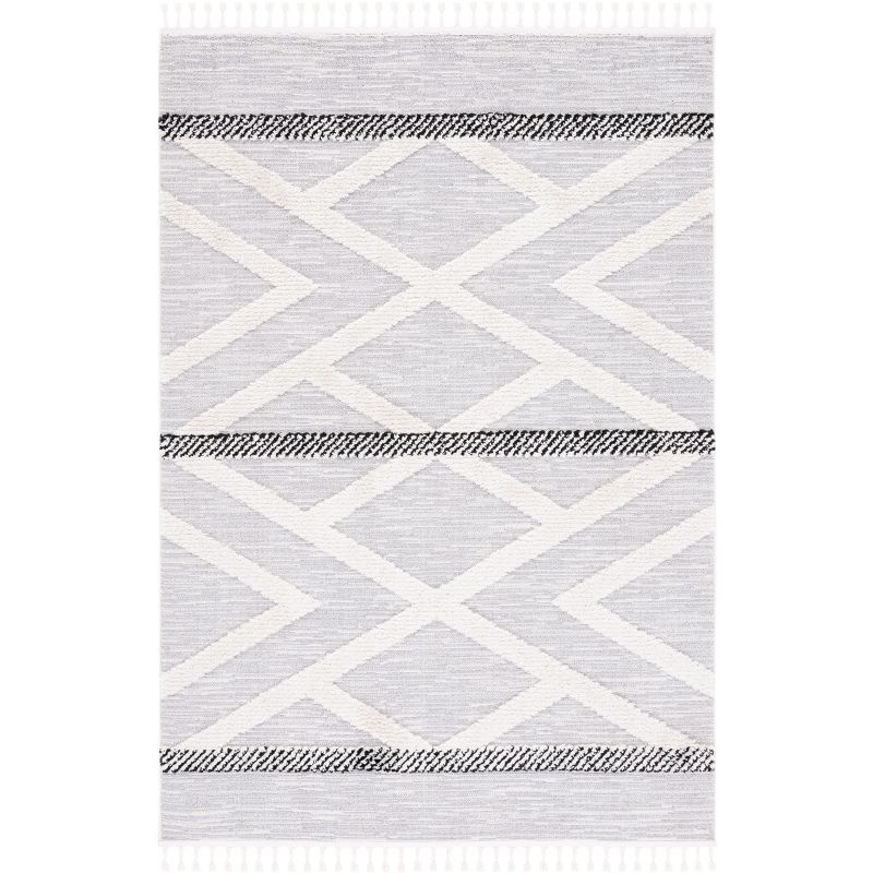 Ivory and Gray Hand-Knotted Synthetic Rectangular Area Rug