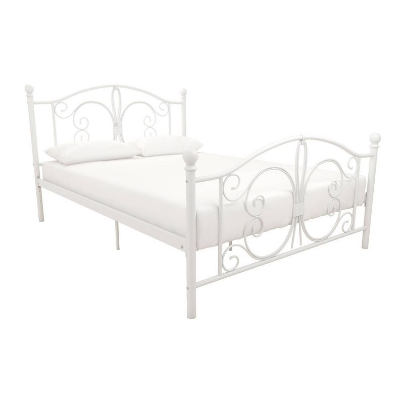 White Metal Full Bed with Scrollwork Headboard