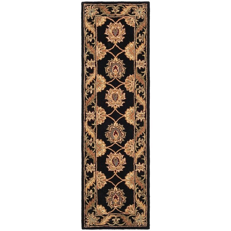 Black Hand-Tufted Wool Runner Rug with Floral Pattern