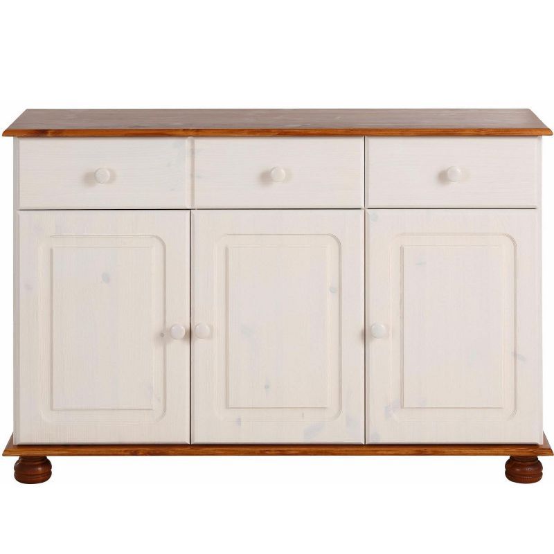 Chester White and Honey Wood Sideboard with Drawers and Cabinets