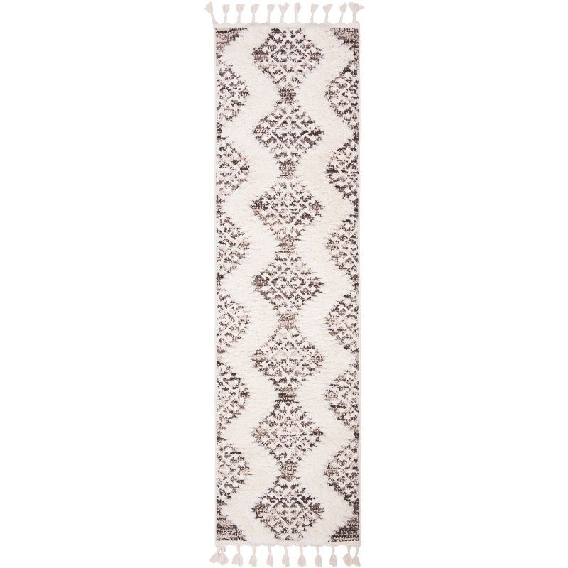 Ivory and Brown Diamond Pattern Synthetic Shag Runner Rug