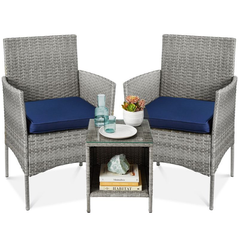 Gray Wicker 3-Piece Patio Bistro Set with Navy Cushions