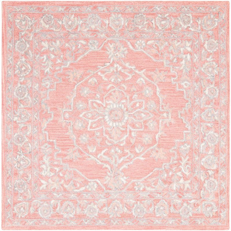 Hand-Tufted Medallion Pink/Ivory Wool 3' Square Rug