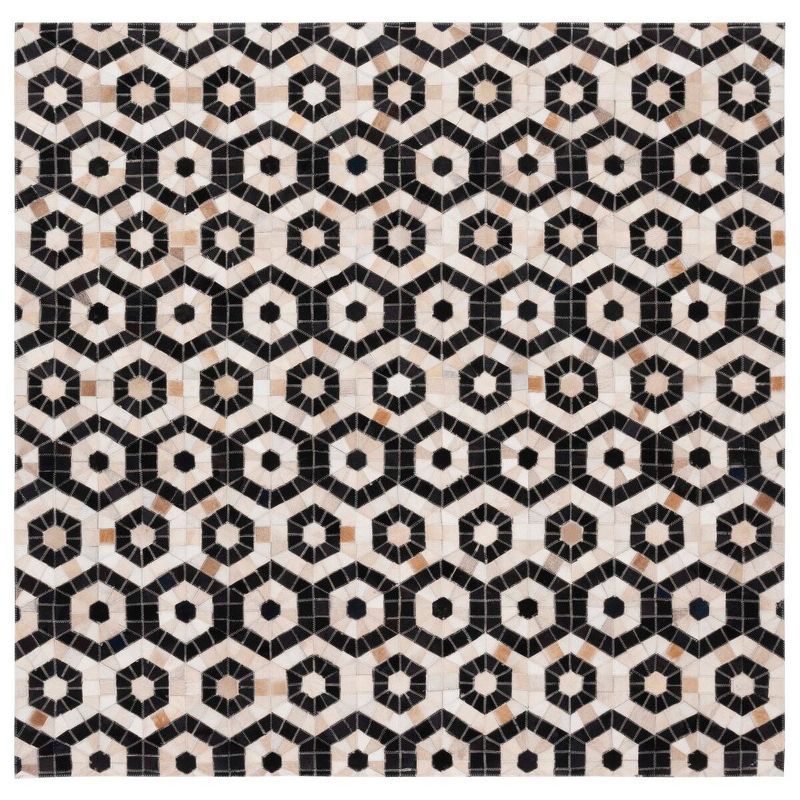 Handmade Black Geometric Cowhide Square Area Rug, 6'