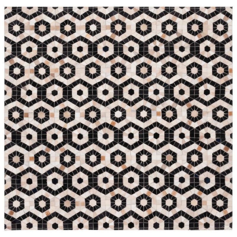 Handmade Black Geometric Cowhide Square Area Rug, 6'