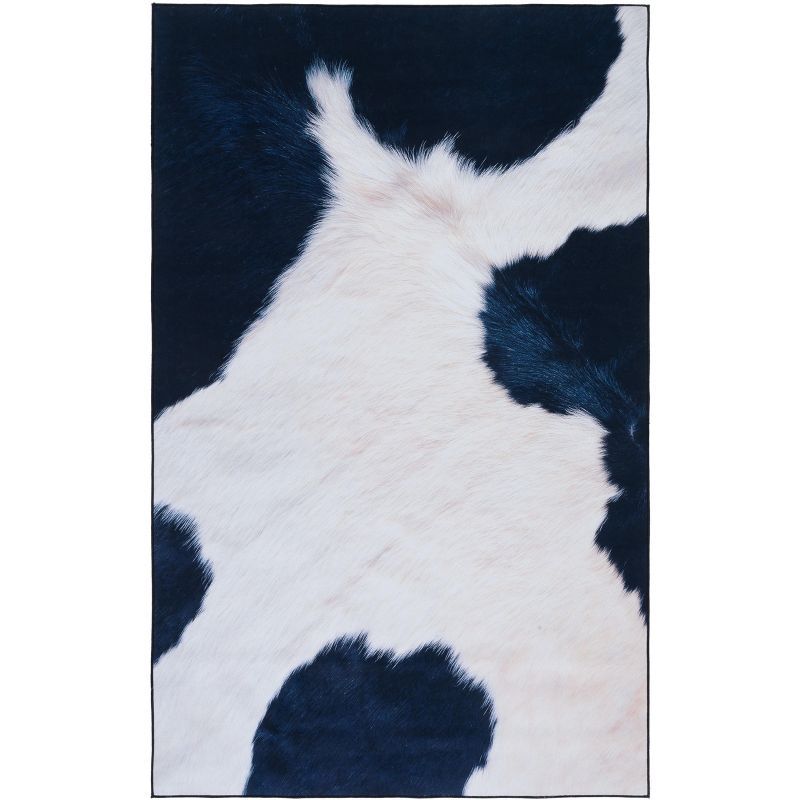 Ivory and Dark Blue Faux Fur 8' x 10' Washable Rug