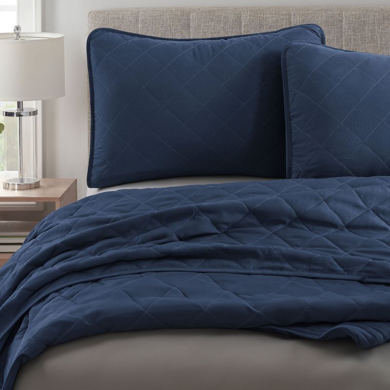 Navy Twin Reversible Microfiber Diamond-Stitched Quilt Set