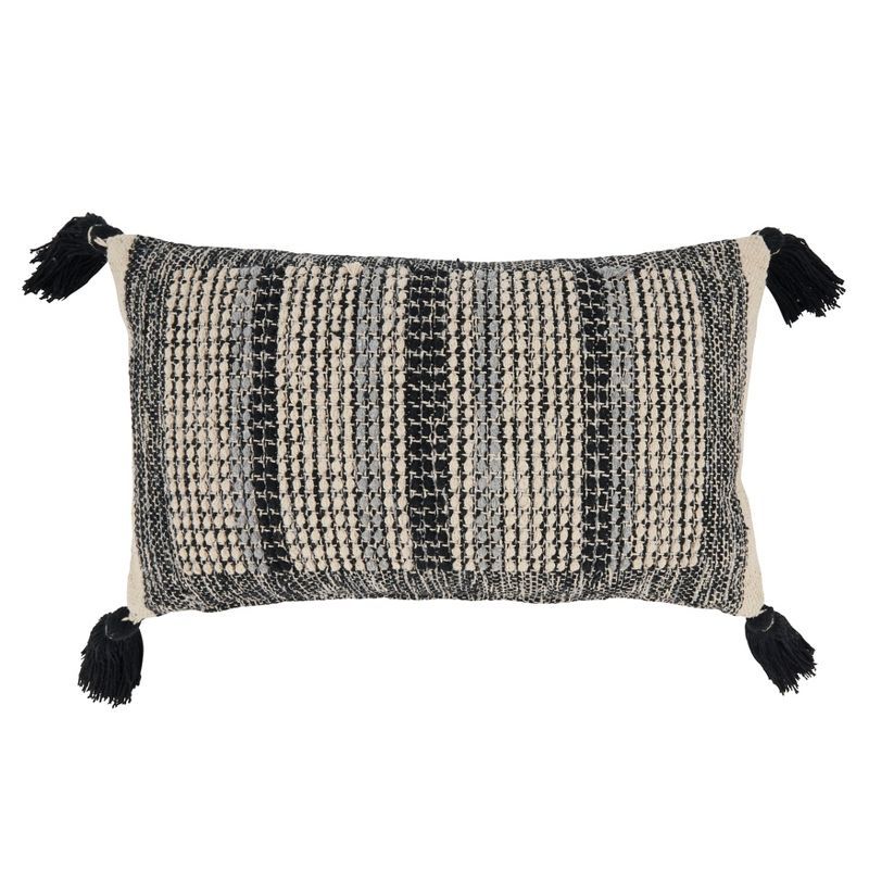 Black and Beige Rectangular Cotton Throw Pillow with Tassels