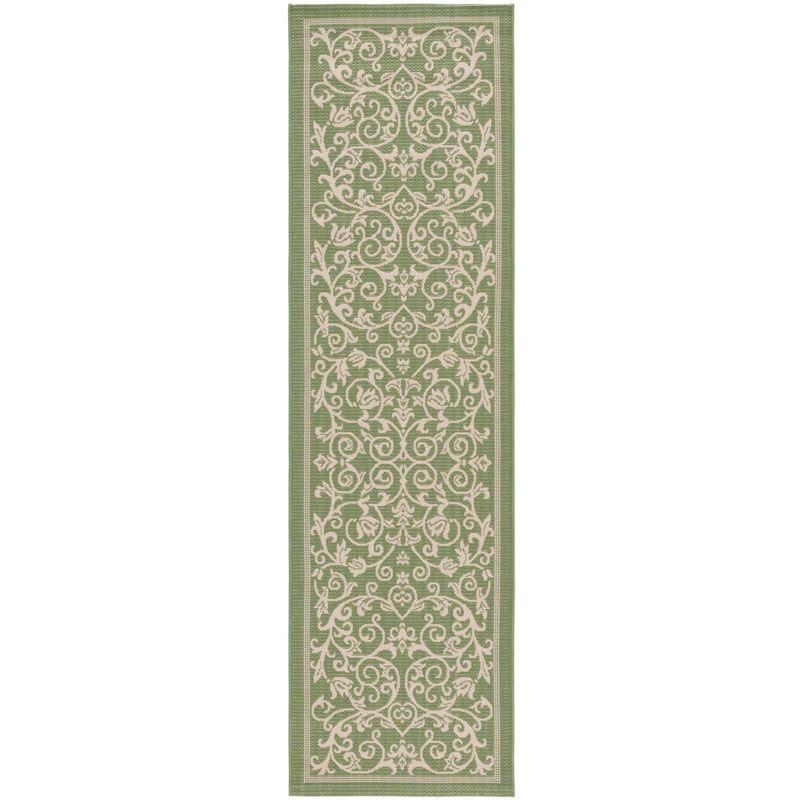 Olive and Natural Baroque Print Outdoor Runner Rug