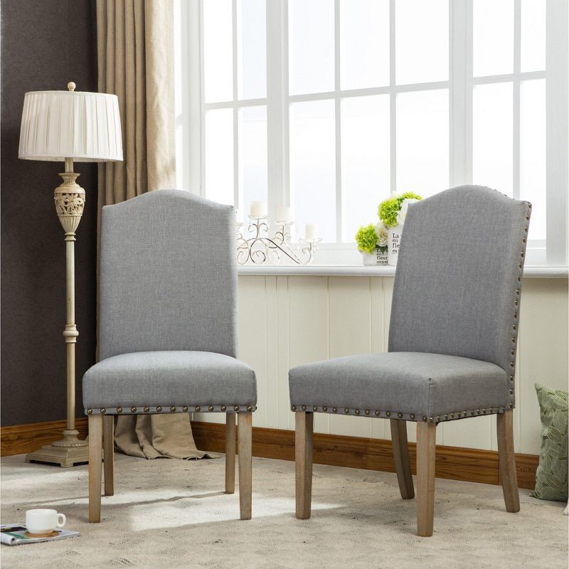 Gray Linen Upholstered Parsons Side Chair with Wood Legs, Set of 2