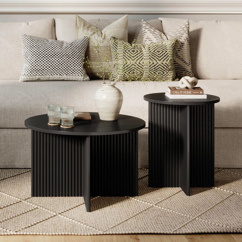 Black Round Fluted Wood Nesting Coffee Table Set