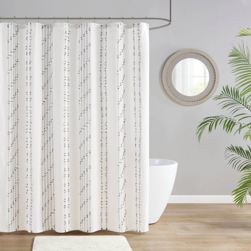 Ivory Cotton Jacquard Shower Curtain with Frayed Detailing, 72x72