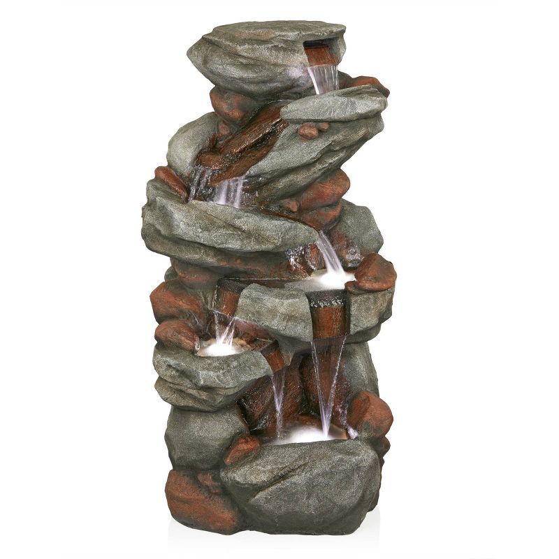 Gray Cascading Stone Outdoor Fountain with LED Lights, 53"