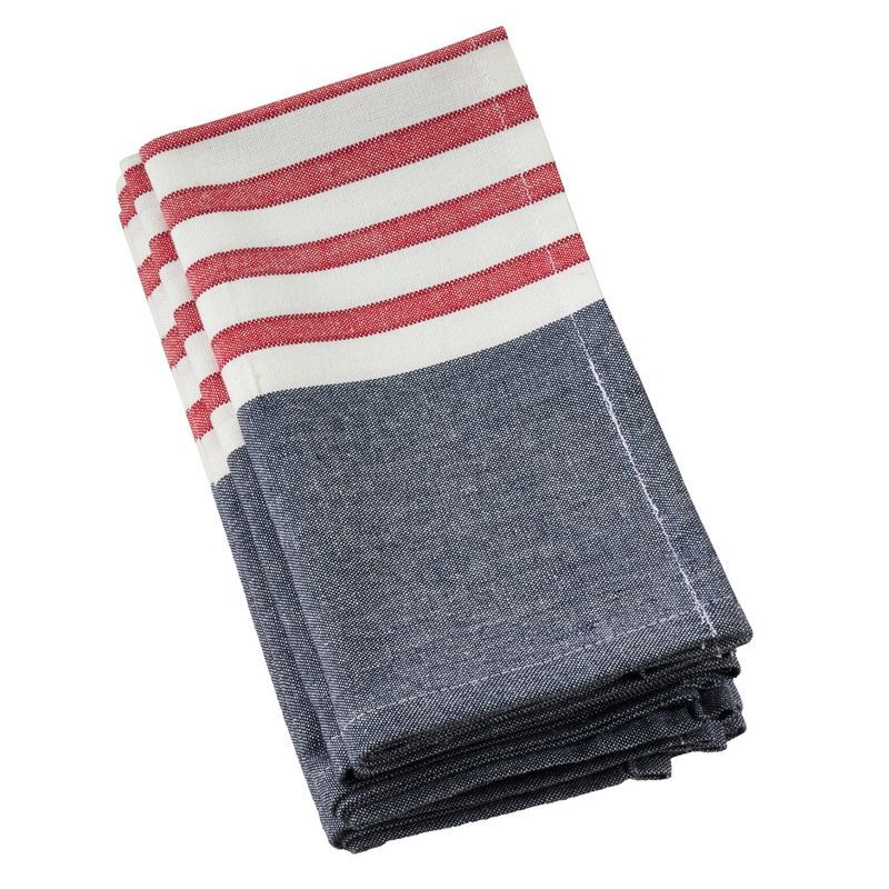 Navy Blue and Red Striped Cotton Napkins, 20" Square, Set of 4