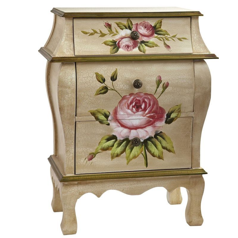 Antique White Floral Pattern 3-Drawer Nightstand