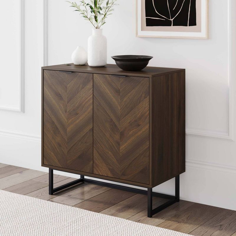 Walnut and Matte Black Freestanding Storage Cabinet with Adjustable Shelves