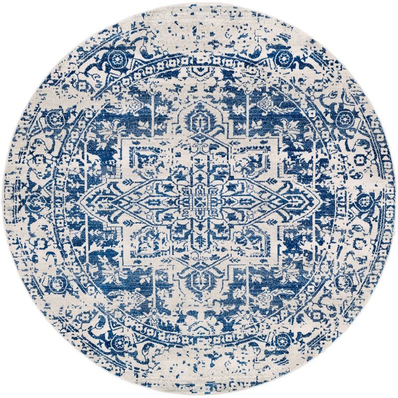 63" Round Blue Reversible Stain-Resistant Synthetic Rug