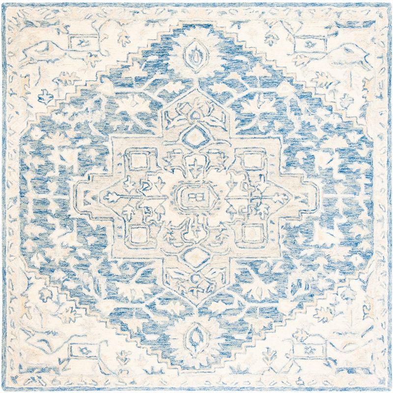 Ivory and Blue Square Tufted Wool Rug, 5' x 5'