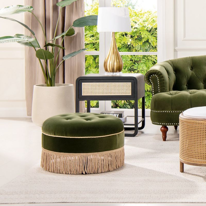 Olive Green Velvet Tufted Round Ottoman with Fringe