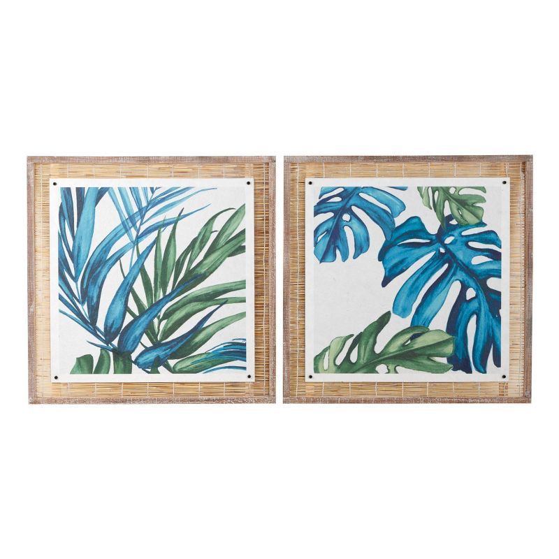 Blue and Green Abstract Leaf Wall Art with Brown Wood Frame, Set of 2