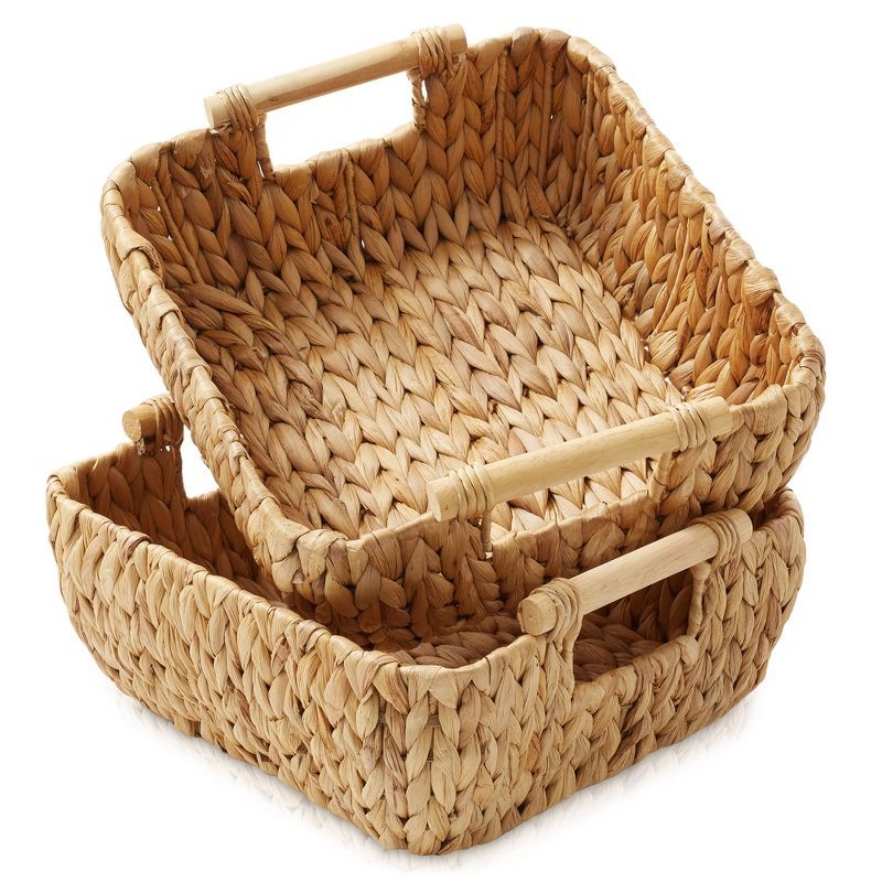 Small Oval Water Hyacinth Storage Baskets with Wooden Handles