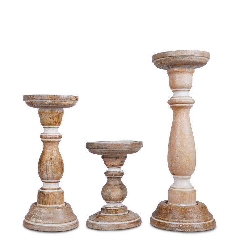 Whitewashed Mango Wood Carved Candle Holders Set