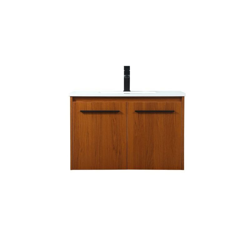 Teak Floating Bathroom Vanity with Quartz Top and Black Handles